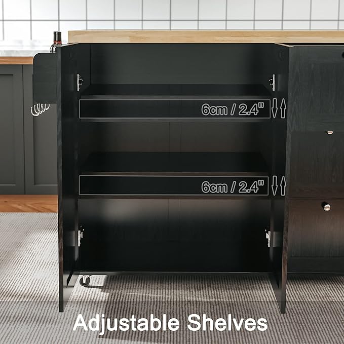 IRONCK Rolling Kitchen Island Cart with Drop-Leaf Countertop, Barn 3Drawers, Barn Door Style Cabine,Thicker Rubberwood Top, Spice Rack, on Wheels, for Kitchen and Dining Room, Black - LeafyLoom