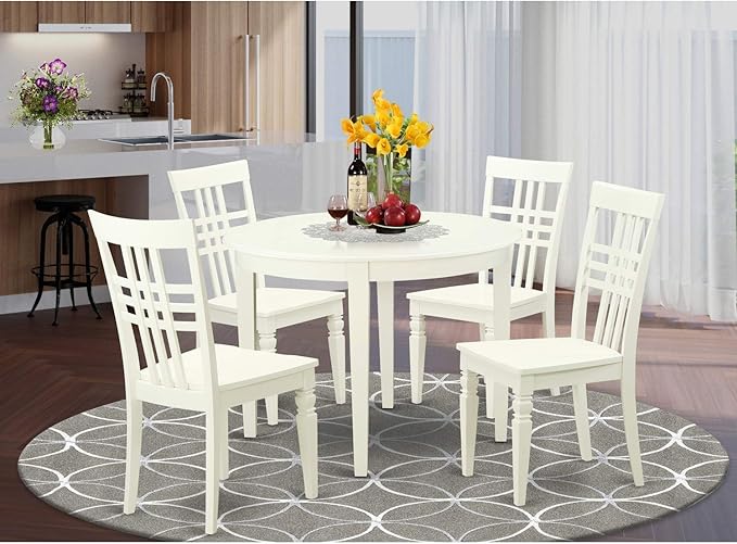 East West Furniture BOLG5-LWH-W 5 Piece Dining Table Set for 4 Includes a Round Kitchen Table and 4 Dinette Chairs, 42x42 Inch, Linen White - LeafyLoom