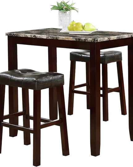 NicBex Small Dining Table for 2 Corner Dining Table Set 3-Piece Counter Height Glossy Print Marble Breakfast Table with Stools for Small Space, Apartment, Living Room, Espresso - LeafyLoom