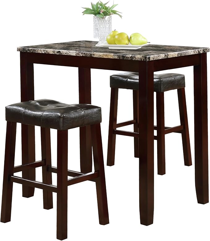 NicBex Small Dining Table for 2 Corner Dining Table Set 3-Piece Counter Height Glossy Print Marble Breakfast Table with Stools for Small Space, Apartment, Living Room, Espresso - LeafyLoom