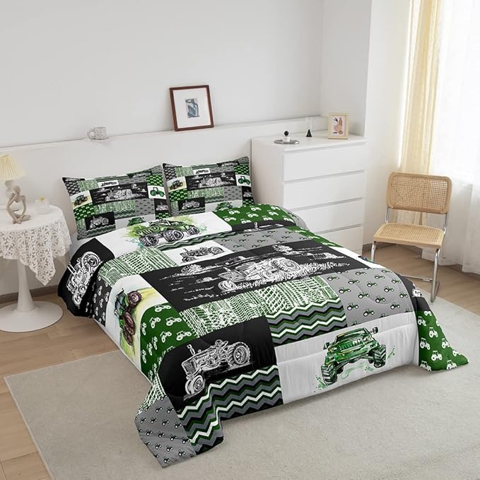 Tractor Bedding Set Twin Size Equipment Trucks Comforter Set Farmhouse Harvester Down Comforter for Kids Boys Car Bedroom Decor Green Vehicle Quilt Set Plaid Comforter with 1 Pillowcase, Grey - LeafyLoom