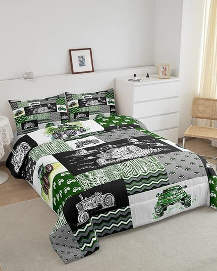 Erosebridal Green Tractor Comforter Set Full Size Farm Vehicle Truck Bedding Set Cartoon Equipment Construction Harvester Down Comforter for Kids Boys Car Bedroom Decor with 2 Pillowcases, Grey - LeafyLoom