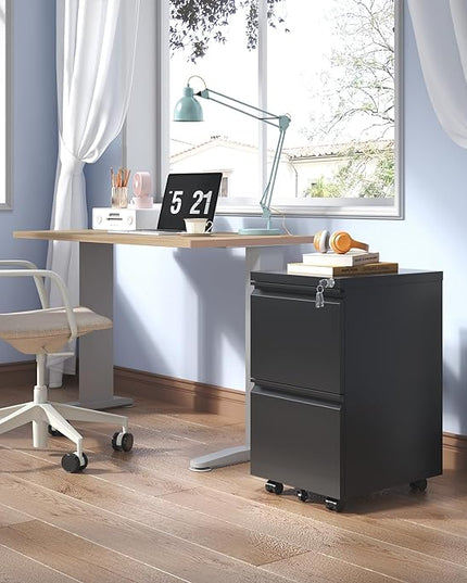2 Drawer Mobile File Cabinet with Lock,Under Desk Metal Filing Cabinet for Home Office,Metal Small Rolling File Cabinet with 2 Keys for Legal/Letter/A4 Size Fully Assembled Except Wheels (Black) - LeafyLoom