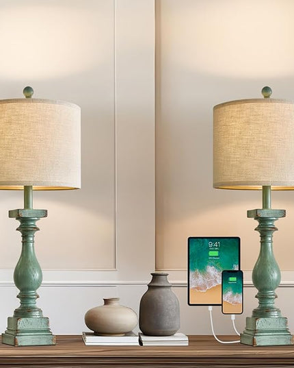 BOBOMOMO 27" Farmhouse Table Lamp Set of 2 with USB A+C for Bedroom Living Room Vintage Rustic Traditional Nightstand Bedside Lamps Retro Side Table Lamps (Green) - LeafyLoom