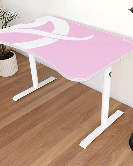 Arozzi Arena Fratello Curved Gaming and Office Desk with Full Surface Water Resistant Desk Mat Custom Monitor Mount Cable Management Cut Outs Under The Desk Cable Management Netting - Pink - LeafyLoom
