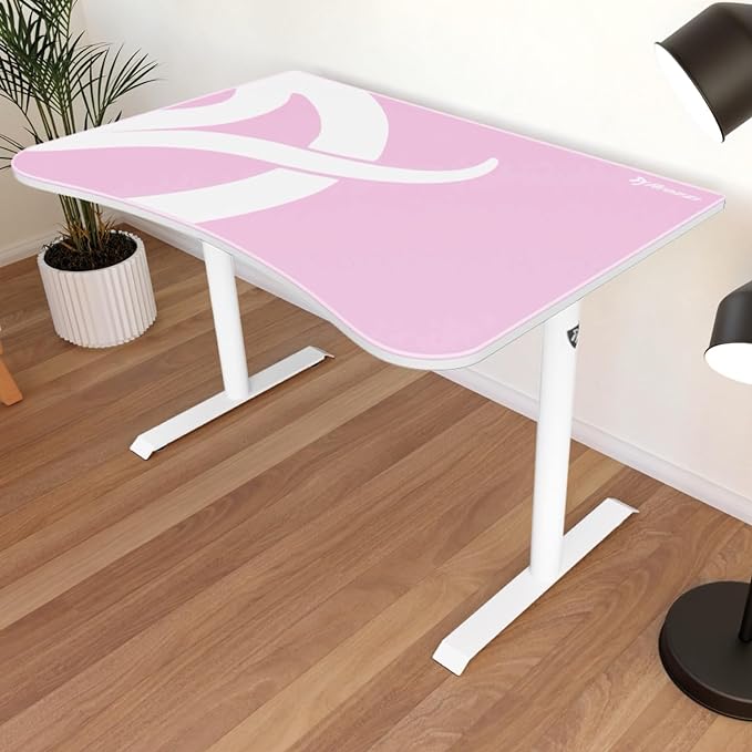 Arozzi Arena Fratello Curved Gaming and Office Desk with Full Surface Water Resistant Desk Mat Custom Monitor Mount Cable Management Cut Outs Under The Desk Cable Management Netting - Pink - LeafyLoom