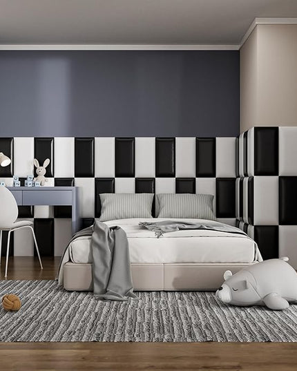 Peel and Stick Headboard Black Upholstered Wall Panels, 4 Panels Sized 7.8" x 15.7", 3D Anti-Collision Soundproof Self-Adhesive Wall Panel for Bedroom，Living Room - LeafyLoom