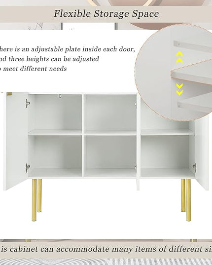 Modern Simple Sideboard with Particle Board & MDF,Luxury Style Buffet Cabinet,W/Gold Metal Legs and Handles,Adjustable Shelves,for Kitchen,Dining Room,White, 47.2" - LeafyLoom