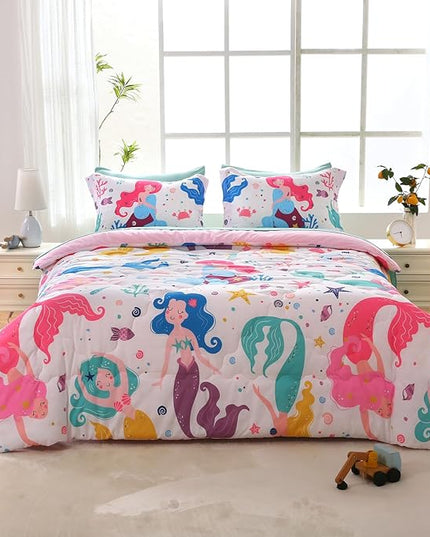 Wajade Kids Mermaids Comforter Set Bed in A Bag Twin Size 7 Piece Colorful 3D Cartoon Mermaids Bedding Set for Girls (1 Comforter, 1 Flat Sheet, 1 Fitted Sheet, 2 Pillowcase and 2 Pillow Sham) - LeafyLoom