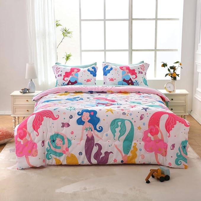 Wajade Kids Mermaids Comforter Set Bed in A Bag Twin Size 7 Piece Colorful 3D Cartoon Mermaids Bedding Set for Girls (1 Comforter, 1 Flat Sheet, 1 Fitted Sheet, 2 Pillowcase and 2 Pillow Sham) - LeafyLoom