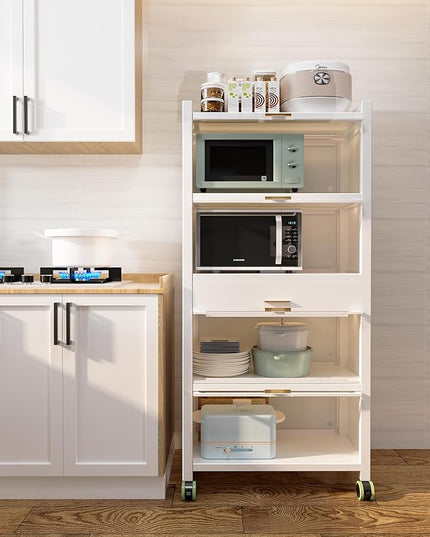 Kitchen Pantry Cabinet, 5 Tiers Freestanding Buffet Cupboards Sideboard with Brakeable Casters, Kitchen Pantry Storage Cabinet for Kitchen, Living Room and Dinning Room - LeafyLoom
