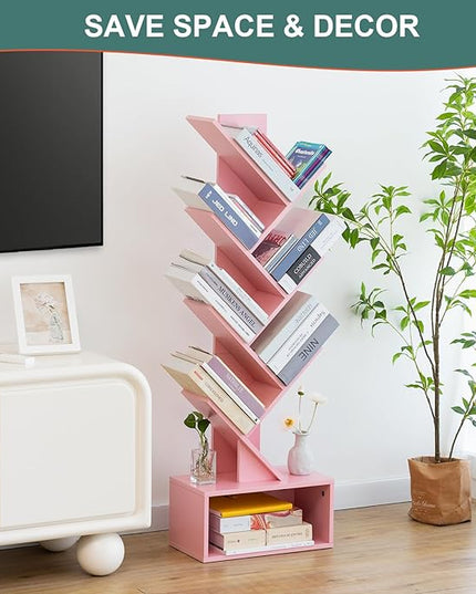 Yoobure Tree Bookshelf - 6 Shelf Retro Floor Standing Bookcase, Tall Wood Book Storage Rack for CDs/Movies/Books, Utility Book Organizer Shelves for Bedroom, Living Room, Home Office Pink - LeafyLoom