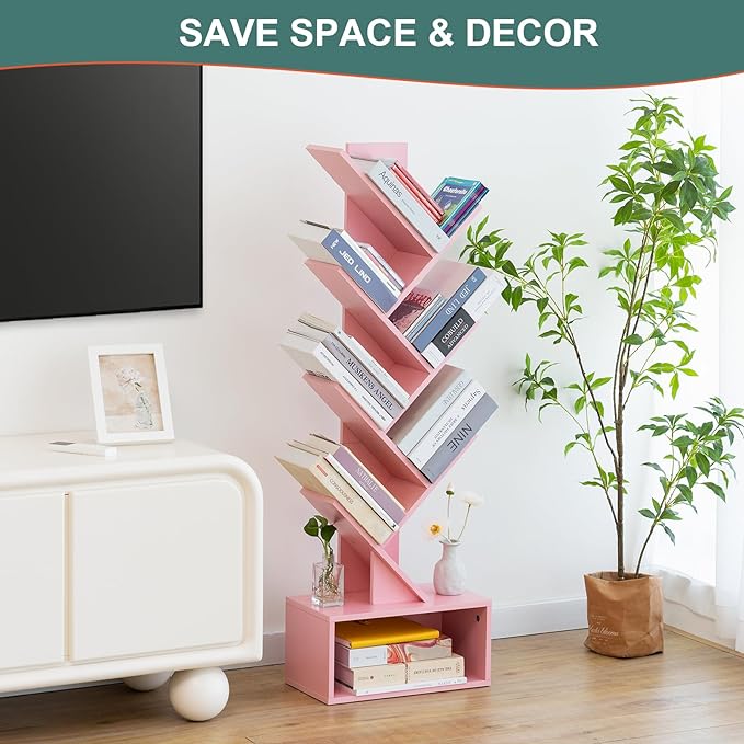Yoobure Tree Bookshelf - 6 Shelf Retro Floor Standing Bookcase, Tall Wood Book Storage Rack for CDs/Movies/Books, Utility Book Organizer Shelves for Bedroom, Living Room, Home Office Pink - LeafyLoom