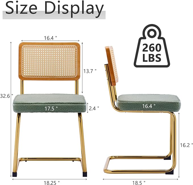 Rattan Dining Chairs Set of 2, Mid Century Modern Sherpa Dining Room Kitchen Chairs with Cane Back, Metal Chrome Legs, Upholstered Wicker Armless Accent Chairs, Green - LeafyLoom