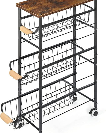 4-Tier Slim Storage Cart, Kitchen Rolling Utility Cart Bathroom Organizer Laundry Room Organization Mobile Shelving Unit with Slide-Out Metal Wire Baskets, Wooden Tabletop & Wheels for Narrow Space - LeafyLoom