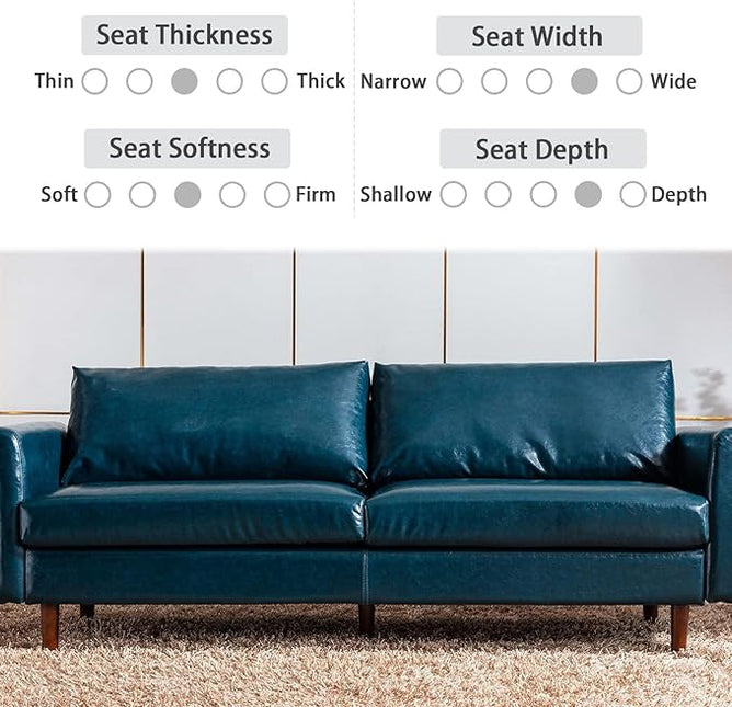 Dreamsir 80'' Faux Leather Sofa Couch, Mid-Century Modern Couch with Solid Wooden Frame & Padded Cushions, 3-Seater Couch for Living Room, Apartment, Lounge Room (Peacock Blue) - LeafyLoom