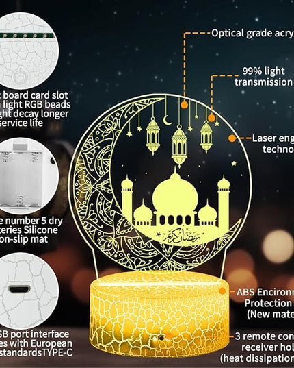 Ramadan Mubarak Decorations, Ramadan LED Night Light with Remote 16 Color Flashing, Eid al-Fitr Mubarak 3D Star Moon Lights for Bedroom Ramadan Gifts for Islamic Holiday Believers Muslims Home Decor - LeafyLoom