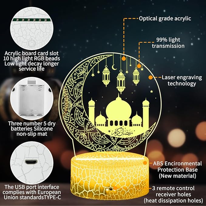 Ramadan Mubarak Decorations, Ramadan LED Night Light with Remote 16 Color Flashing, Eid al-Fitr Mubarak 3D Star Moon Lights for Bedroom Ramadan Gifts for Islamic Holiday Believers Muslims Home Decor - LeafyLoom