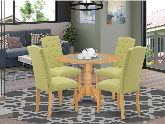 East West Furniture DLCE5-OAK-07 Dublin 5 Piece Set for 4 Includes a Round Kitchen Table with Dropleaf and 4 Limelight Linen Fabric Parson Dining Chairs, 42x42 Inch, Oak - LeafyLoom