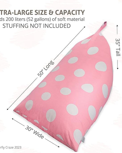 Butterfly Craze Bean Bag Chair Cover, Functional Toddler Toy Organizer, Fill with Stuffed Animals to Create a Jumbo, Comfy Floor Lounger for Boys or Girls, Stuffing Not Included, Light Pink Polka Dots - LeafyLoom
