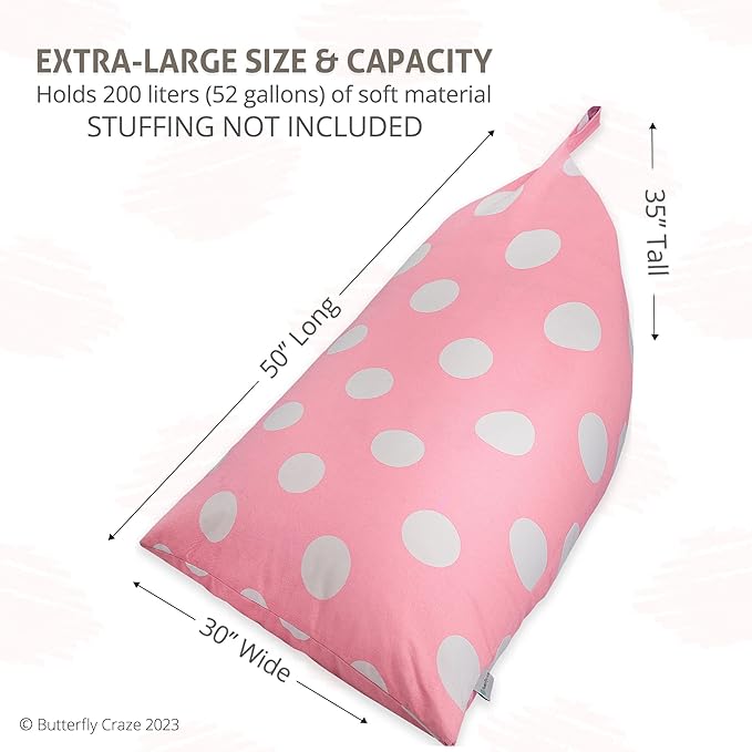 Butterfly Craze Bean Bag Chair Cover, Functional Toddler Toy Organizer, Fill with Stuffed Animals to Create a Jumbo, Comfy Floor Lounger for Boys or Girls, Stuffing Not Included, Light Pink Polka Dots - LeafyLoom