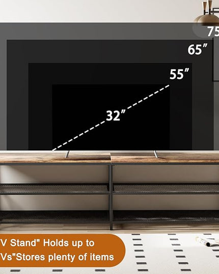 TV Stand for TV up to 75 Inch, Long 70" TV Cabinet with 3-Tier Storage Shelves,Entertainment Center TV Console Table for Living Room with Industrial TV Metal Frame, Rustic Brown - LeafyLoom