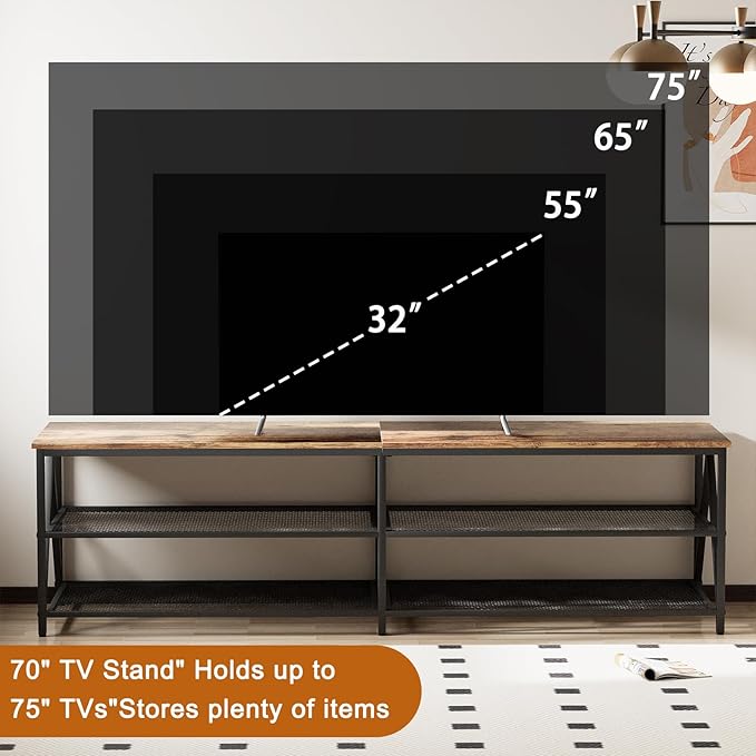 TV Stand for TV up to 75 Inch, Long 70" TV Cabinet with 3-Tier Storage Shelves,Entertainment Center TV Console Table for Living Room with Industrial TV Metal Frame, Rustic Brown - LeafyLoom