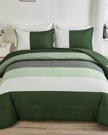 WONGS BEDDING Comforter Set King, Reversible Olive Green Striped Down Alternative Comforter for King Bed,3 Pieces (1 Comforter+2 Pillowcases), Soft Microfiber Bedding Duvet Set 104"×90" - LeafyLoom