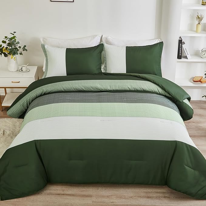 WONGS BEDDING Comforter Set King, Reversible Olive Green Striped Down Alternative Comforter for King Bed,3 Pieces (1 Comforter+2 Pillowcases), Soft Microfiber Bedding Duvet Set 104"×90" - LeafyLoom