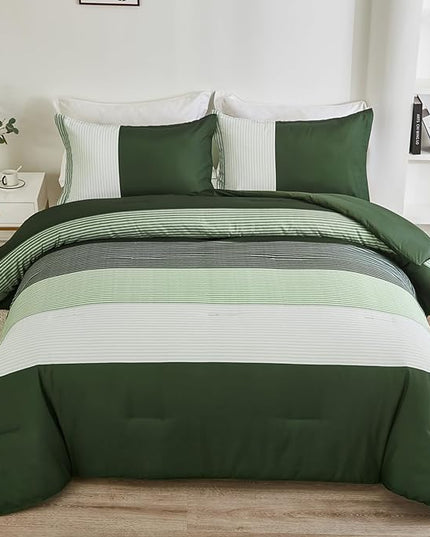 WONGS BEDDING Comforter Set Queen, Reversible Olive Green Striped Patchwork Down Alternative Comforter for Queen Bed,3 Pieces (1 Comforter+2 Pillowcases),Soft Microfiber Bedding Set 90"×90" - LeafyLoom