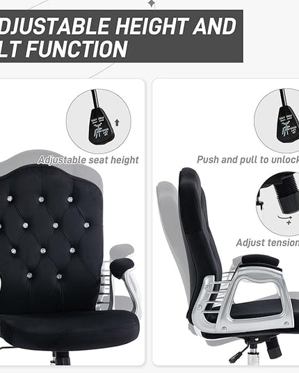 Vinsetto Home Office Chair, Velvet Computer Chair, Button Tufted Desk Chair with Swivel Wheels, Adjustable Height, and Tilt Function, Black - LeafyLoom