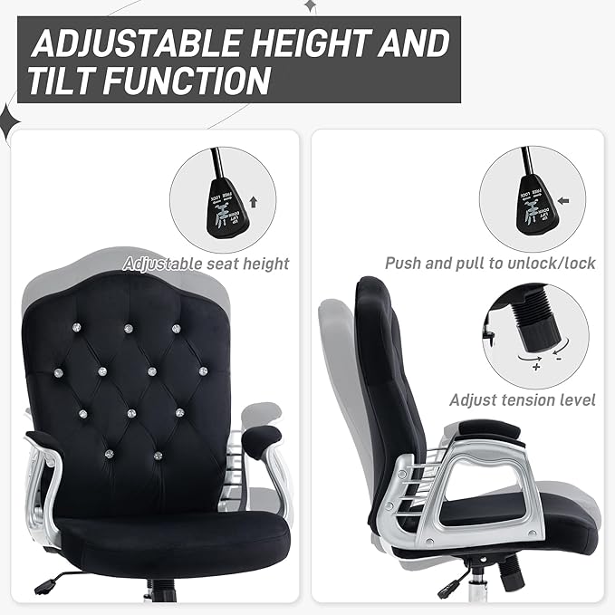 Vinsetto Home Office Chair, Velvet Computer Chair, Button Tufted Desk Chair with Swivel Wheels, Adjustable Height, and Tilt Function, Black - LeafyLoom