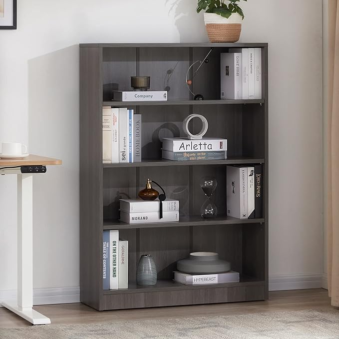 Farini Grey Bookshelf for Bedroom 4 Shelf Office Bookcase 48 Inches Tall Modern Wood Bookshelf for Living Room 4 Tier Wide Manga Bookshelf Library Bookcase - LeafyLoom