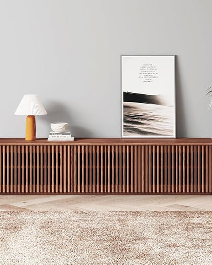 POVISON Mid Century Modern TV Stand, Solid Wood Media Console for 65 inch TV, Full Assembled Farmhouse Entertainment Center with Storage for Living Room, Low Cabinet with Removable Shelves - LeafyLoom
