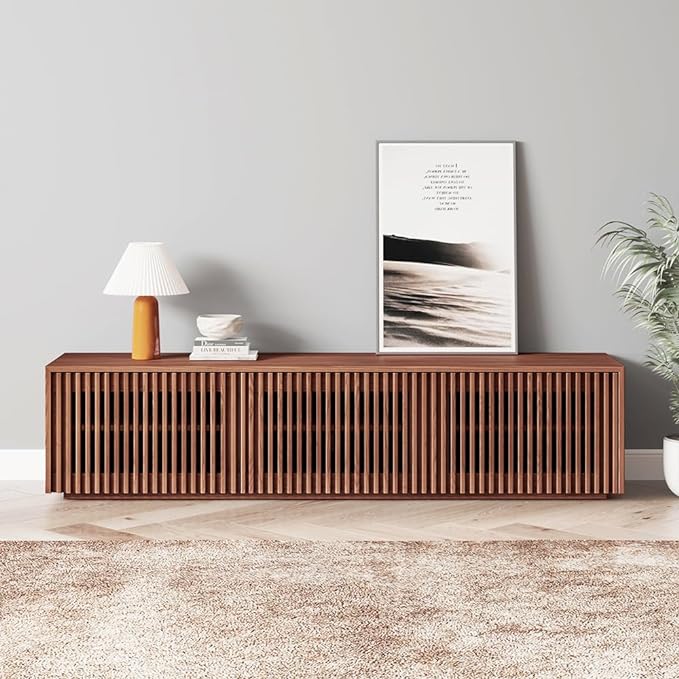 POVISON Mid Century Modern TV Stand, Solid Wood Media Console for 65 inch TV, Full Assembled Farmhouse Entertainment Center with Storage for Living Room, Low Cabinet with Removable Shelves - LeafyLoom