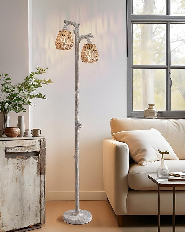 OYEARS Retro Farmhouse Rattan Floor Lamp Boho for Living Room Rustic Standing Lamps Tree Trunk Deco Modern Country Vintage Wood Grain 62" Tall Corner Floor Lamp Bedroom Office… - LeafyLoom