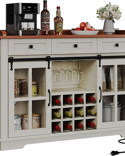 DWVO Farmhouse Coffee Bar Cabinet, 53” Sideboard Buffet Cabinet with Storage, 3 Drawers & Sliding Barn Door, Storage Cabinet with Glass Door for Kitchen & Living Room, Antique White - LeafyLoom