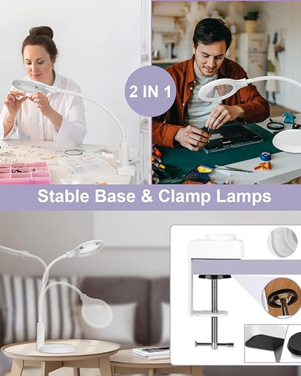 2-in-1 Magnifying Glass with Light and Stand, 5 Lighting Modes Stepless Dimmable LED Magnifying Clamp Lamp, 10X Desk Lighted Magnifier Hands Free for Craft Close Work Mini Painting Hobby White - LeafyLoom
