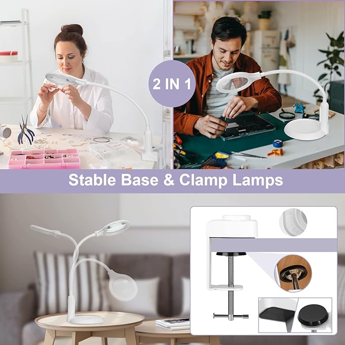 2-in-1 Magnifying Glass with Light and Stand, 5 Lighting Modes Stepless Dimmable LED Magnifying Clamp Lamp, 10X Desk Lighted Magnifier Hands Free for Craft Close Work Mini Painting Hobby White - LeafyLoom