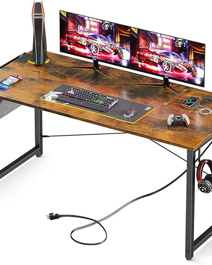 AODK 55 inch Small Computer Desk with Power Outlet for Small Spaces Home Office Student Laptop PC Writing Desks with Storage Bag Headphone Hook, Vintage - LeafyLoom