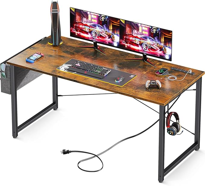 AODK 55 inch Small Computer Desk with Power Outlet for Small Spaces Home Office Student Laptop PC Writing Desks with Storage Bag Headphone Hook, Vintage - LeafyLoom
