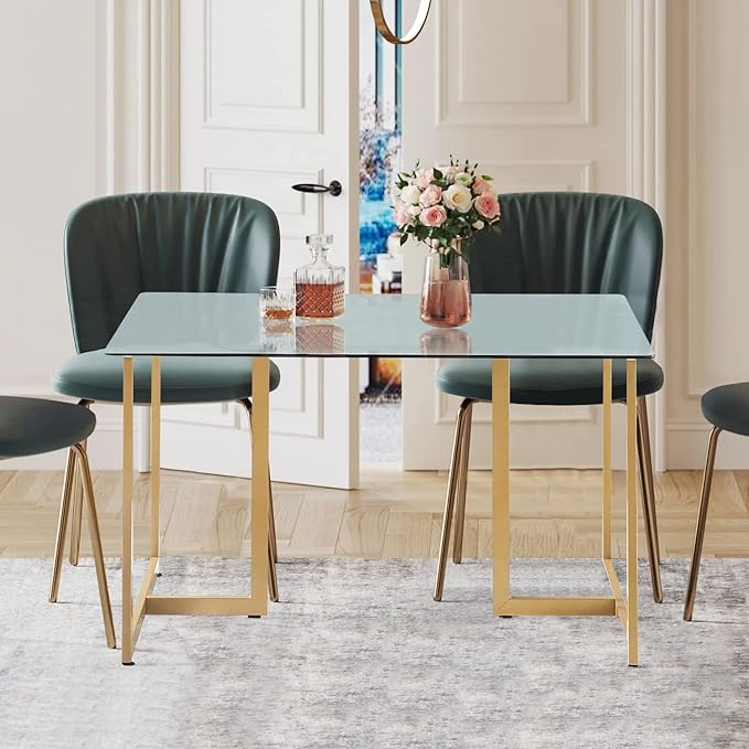 FurnitureR Tempered Glass Dining 47.2 inches Dinner Table for 4-6 Persons Modern Rectangular Spacious Tabletop & Gold Legs Elegant for Home Kitchen Living Room Restaurant, 47 Inches - LeafyLoom