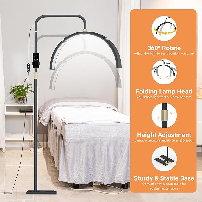 MYSWEETY Lash Light for Eyelash Extensions, 29'' Foldable LED Floor Lamps, Esthetician Light with Phone Holder & Stand Tray, Half Moon Lamp for Tattoo, Nails, Beauty, Filming Content Creation - LeafyLoom