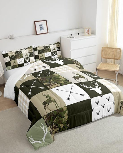 Antler Silhouette Kids Comforter Set Queen Size,Camo Green Rustic Bedding Set,Girls Boys Adults Bedroom/Xmas Decor,Geometric Plaid Patchwork Down Comforter,Arrows Boho Duvet Insert,3pcs,2 Pillowcases - LeafyLoom