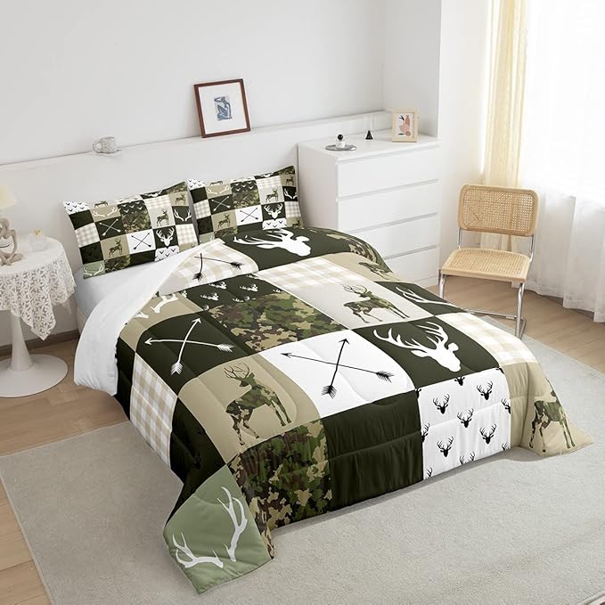 Antler Silhouette Kids Comforter Set Queen Size,Camo Green Rustic Bedding Set,Girls Boys Adults Bedroom/Xmas Decor,Geometric Plaid Patchwork Down Comforter,Arrows Boho Duvet Insert,3pcs,2 Pillowcases - LeafyLoom