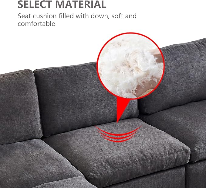 U Shaped Down Filled Oversized Cloud Couch with Double Chaise, Deep Seat Free Combination Convertible Corner Sectional Sofa Bed with Detachable Backrest and Wooden Legs for Living Room Office - LeafyLoom