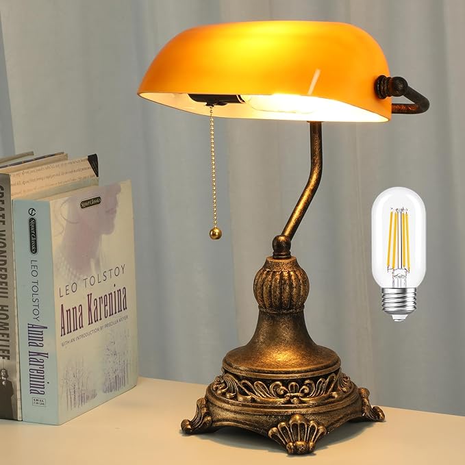 Bankers Lamp with Pull Switch, Amber Glass Desk Lamp with Retro Black/Gold Finish, Vintage Table Lamps for Living Room, Home Office, Library, Piano LED Bulb Included (Amber) - LeafyLoom