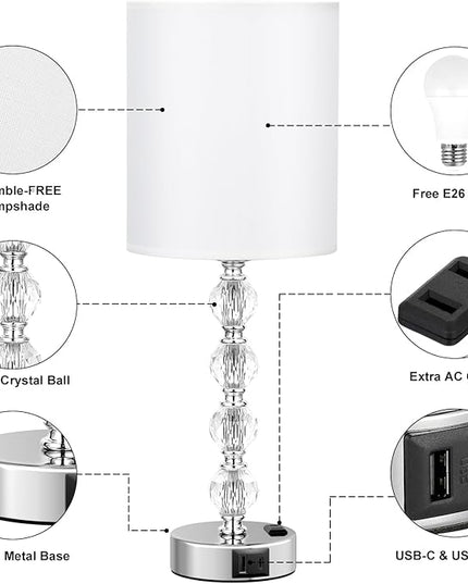 Acaxin Touch Bedside Crystal Lamps for Bedrooms Nightstand with USB C+A Charging Port and AC Outlet White, 3 Way Dimmable Silver Large End Side Table Lamp for Living/Guest/Dinning Room/Kitchen - LeafyLoom