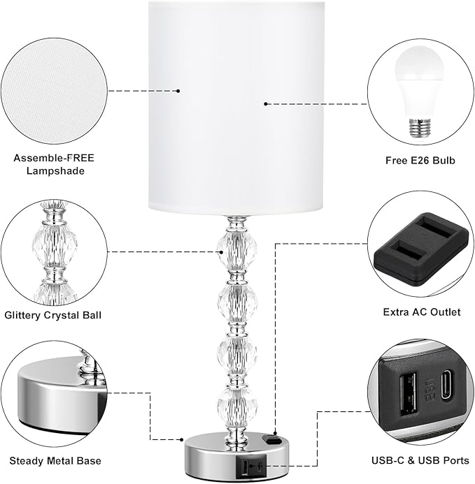 Acaxin Touch Bedside Crystal Lamps for Bedrooms Nightstand with USB C+A Charging Port and AC Outlet White, 3 Way Dimmable Silver Large End Side Table Lamp for Living/Guest/Dinning Room/Kitchen - LeafyLoom
