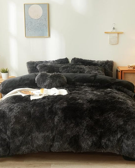 Tie dye Black Plush Fluffy Comforter Cover Set Queen - Ultra Soft Faux Fur tie dye Bedding Sets 3 Pieces (1 Shaggy Duvet Cover + 2 Pillow case) Black Fluffy Bed Set (Tie Dye Black, Queen) - LeafyLoom